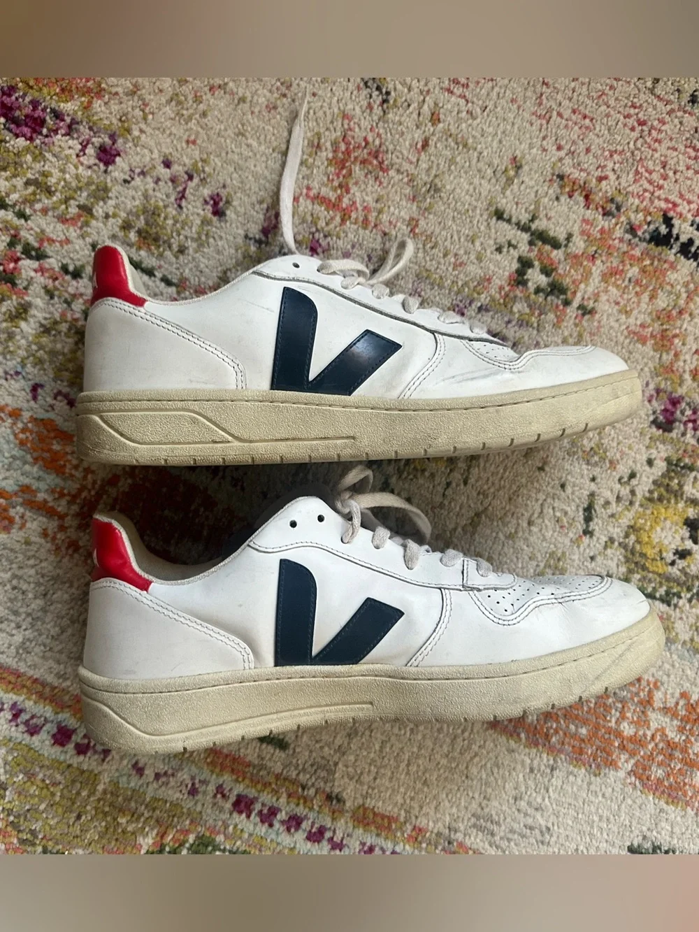 Veja Men's White Leather Sneakers with Navy V and Red Heel